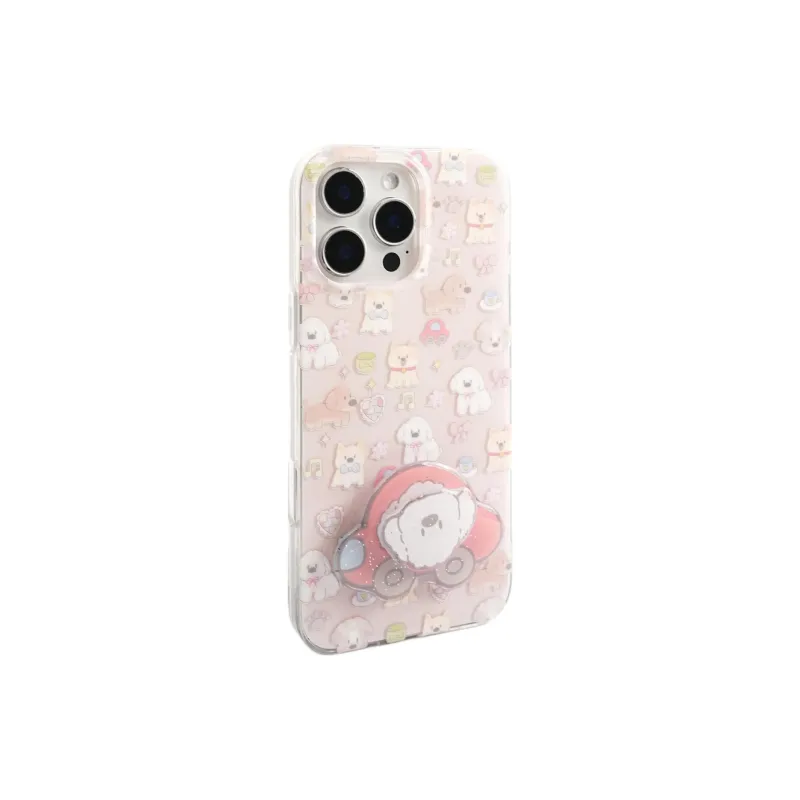 Sopi Acrylic Material Car Floral Puppy Stand Phone Cases Compatible With IPhone 16/15 Pro Max/Apple 13/14 Pro/Max-1