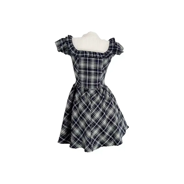 SYEEE WITH U Short Sleeved Dresses Women's Blue Plaid-1