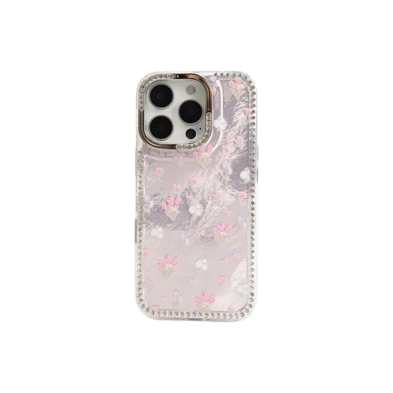 Sopi Acrylic Material Pink Base Tin Foil Floral Phone Cases Compatible With IPhone 16/15 Pro Max/Apple 13/14 Pro/Max-1