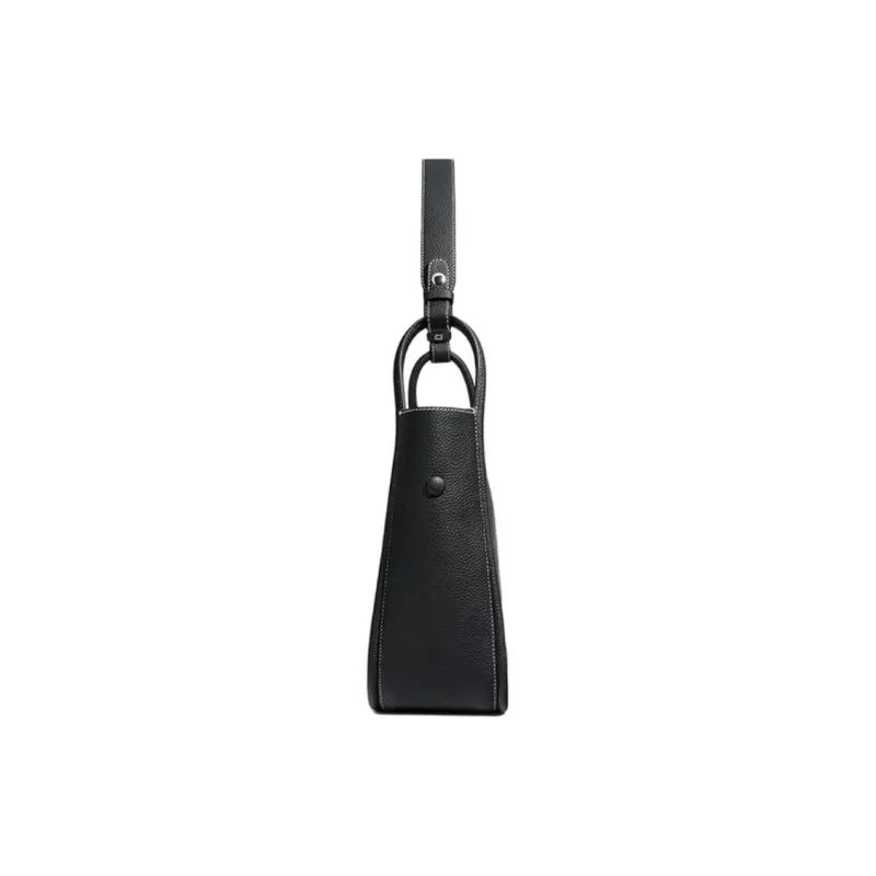 H YXIANG Top Grain Cow Leather Bucket Bag, Shoulder Bag Women's Black/Dove Gray-4