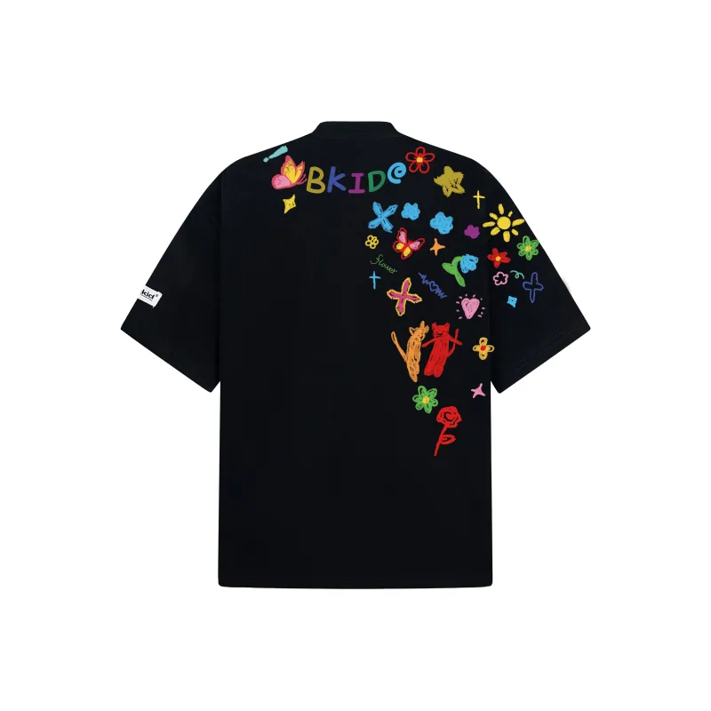 M MAICCO Cartoon Graffiti Letter Print Loose Fit Casual Heavyweight Short Sleeved T Shirts Unisex-1