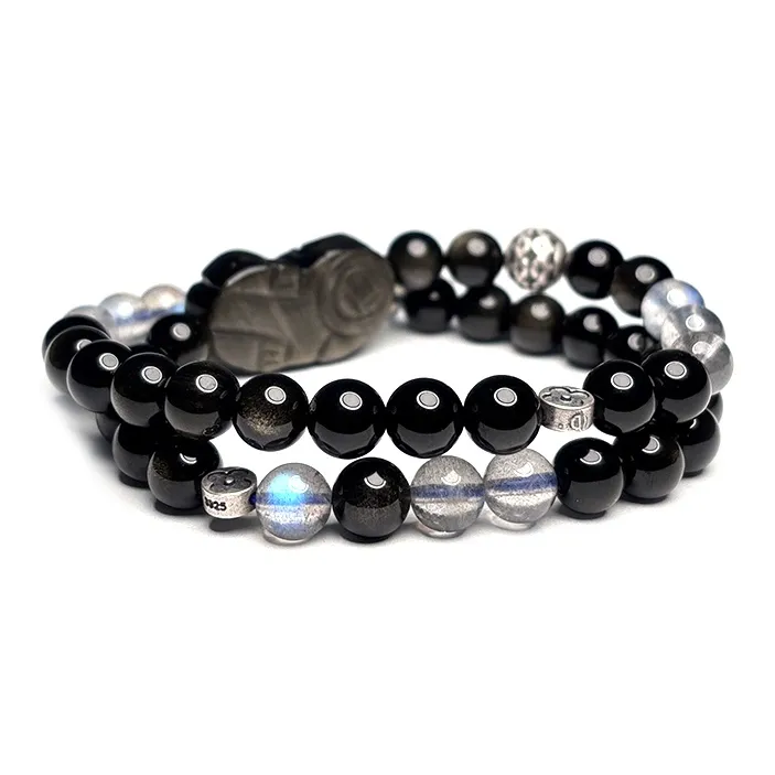 MOUNTAINS AND MANS Obsidian New Chinese Style Stackable Good Luck Beaded Bracelet Unisex-2