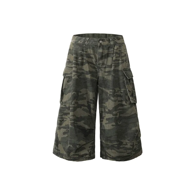 TESTUNG Denim Shorts Unisex Green Camouflage-4