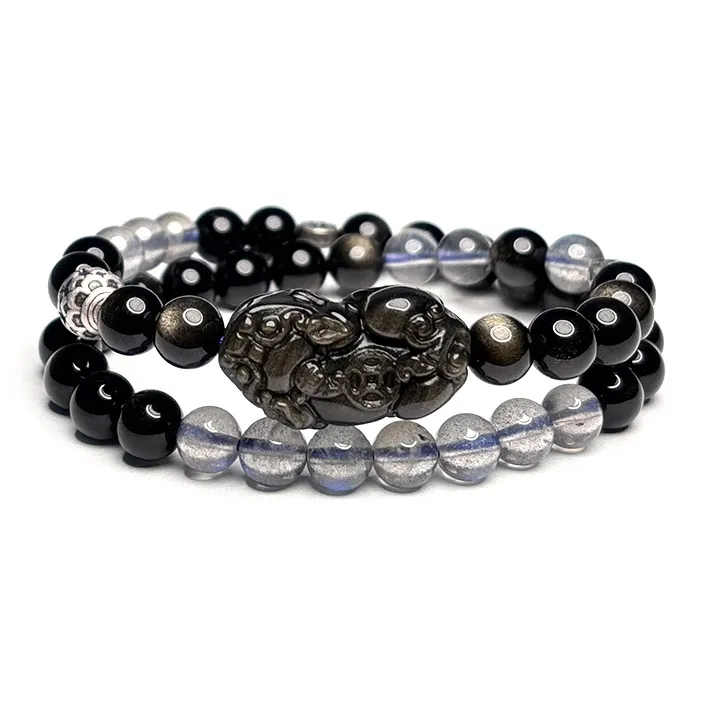 MOUNTAINS AND MANS Obsidian New Chinese Style Stackable Good Luck Beaded Bracelet Unisex-0
