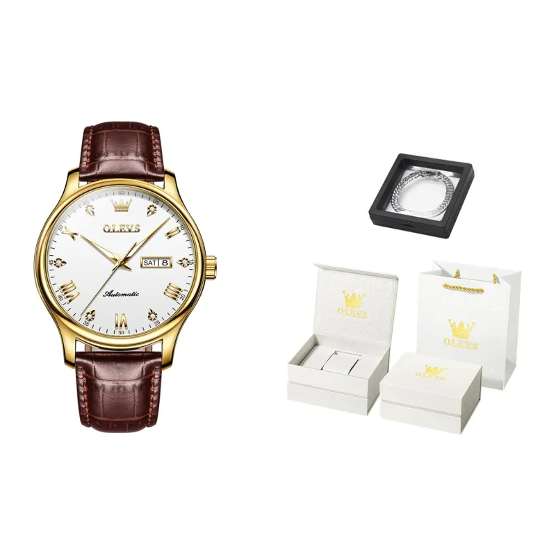 OLEVS Automatic Mechanical Movement Leather Strap Watch Men's Watches White Dial-20