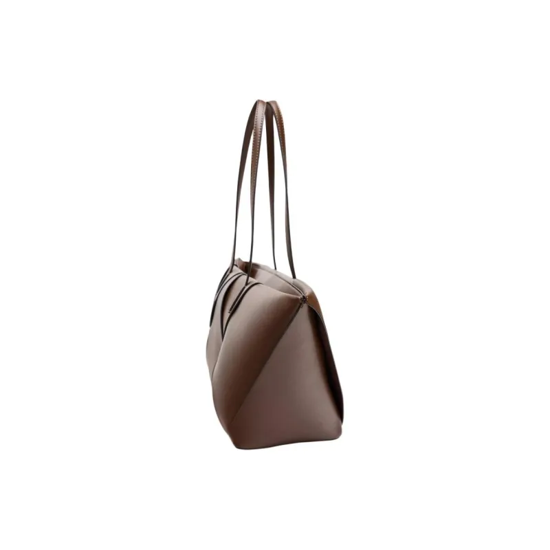 ZARA Polyurethane Tote Bag, Shopping Bag, Shoulder Bag Large Size Women's Dark Brown Yellow-1