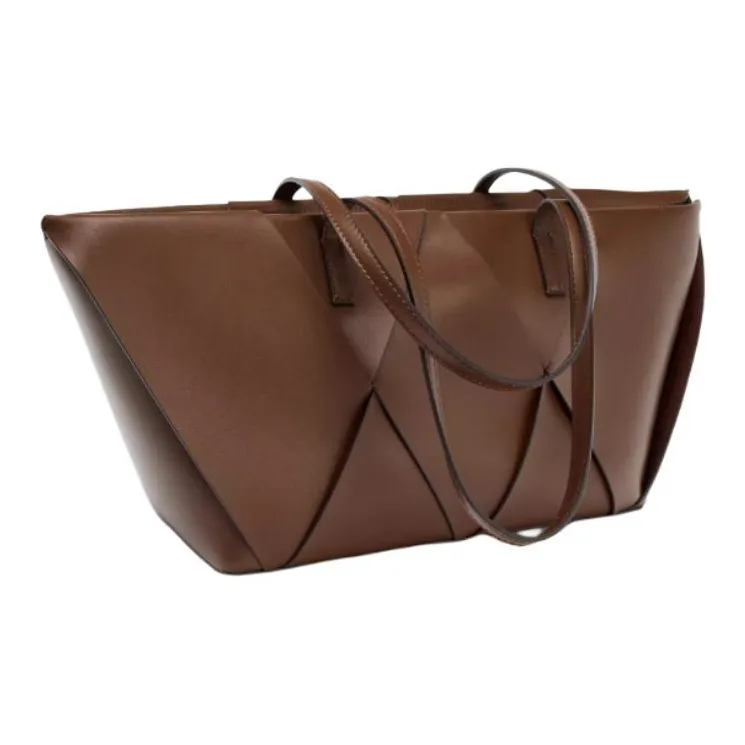ZARA Polyurethane Tote Bag, Shopping Bag, Shoulder Bag Large Size Women's Dark Brown Yellow-2