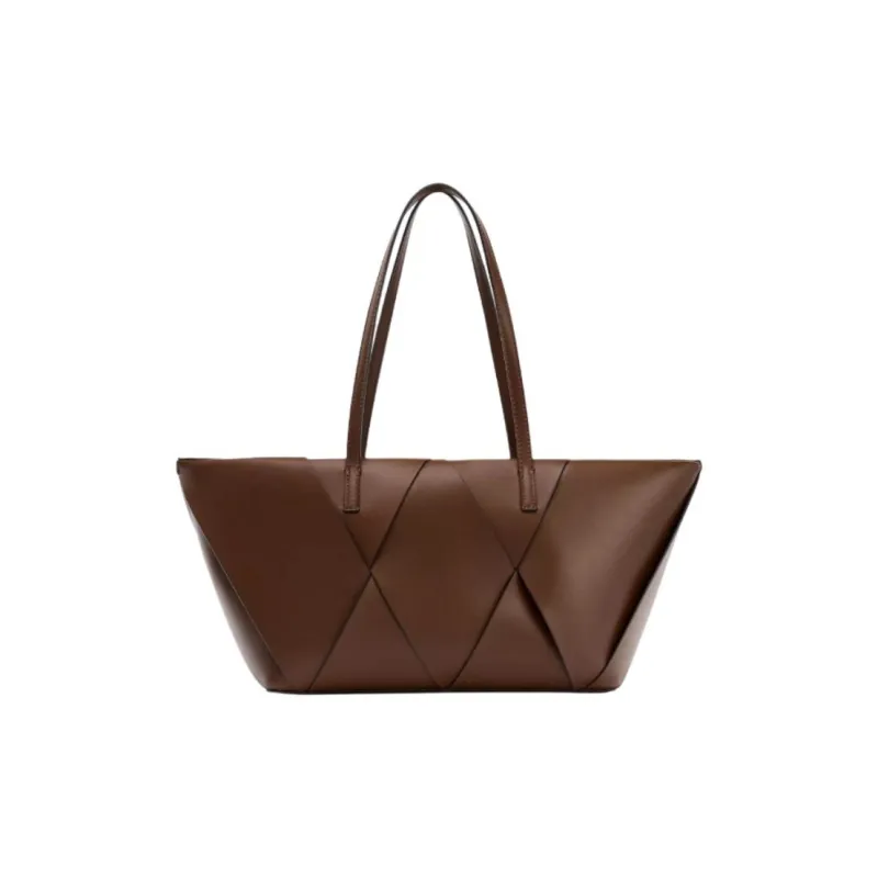 ZARA Polyurethane Tote Bag, Shopping Bag, Shoulder Bag Large Size Women's Dark Brown Yellow-0