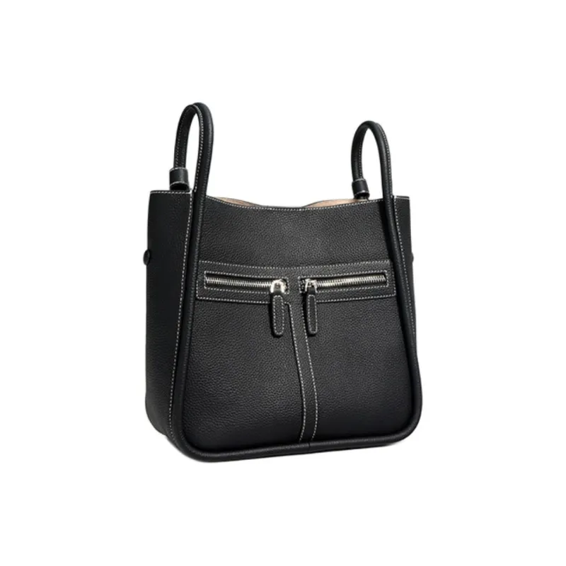 H YXIANG Top Grain Cow Leather Bucket Bag, Shoulder Bag Women's Black/Dove Gray-3