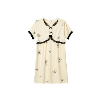 DAERLI Lace Trim Pastoral Style Dress Thin Women's Apricot