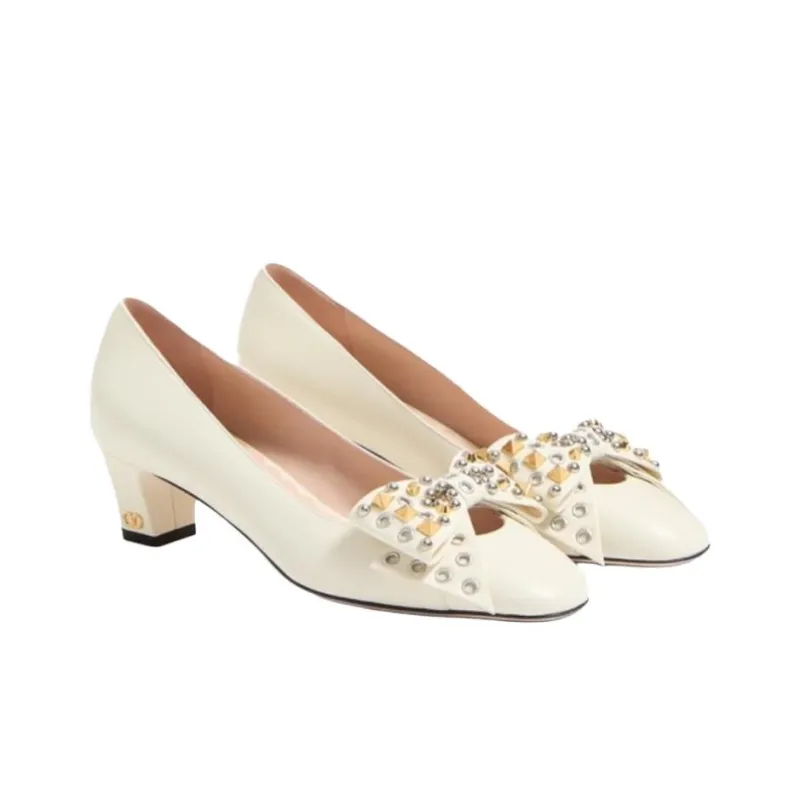 Valentino BOWOW Chunky Heel High Heels 4.5cm Women's Ivory White-2