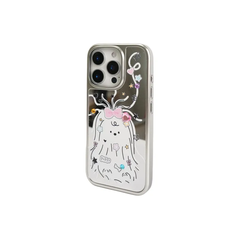 Sopi Acrylic Material Mirror Lined Scribbled Puppy Phone Cases Compatible With IPhone 16/15 Pro Max/Apple 13/14 Pro/Max-1