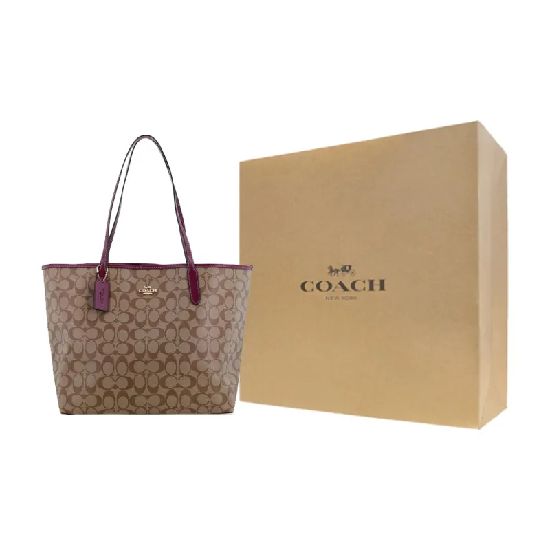 COACH City Artificial Leather Tote Bag Portable Crossbody Bag Shoulder Bag Large Size Women's Khaki Deep Berry Red-8