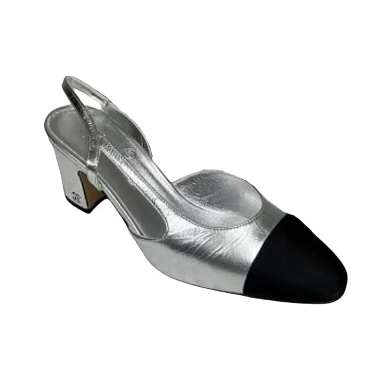 CHANEL 25S Chunky Heel High Heels Women's Silver-1
