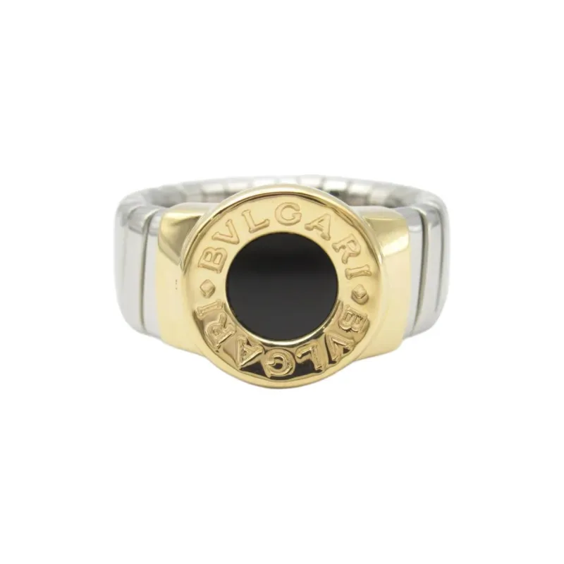 BVLGARI 2010s 18K Yellow Gold Tubogas Onyx Ring-0