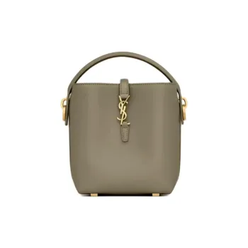 SAINT LAURENT Shiny Leather Bucket Bag, One Shoulder Handbag Mini Women's Deep Moss Green