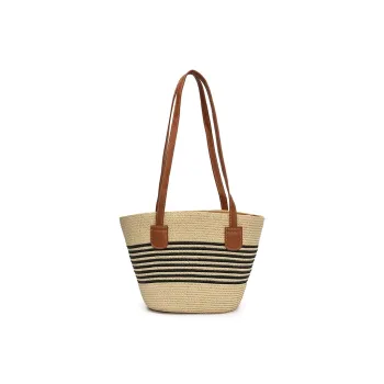 Single Warehouse PU With Straw Woven Shoulder Bag Regular Women's Ecru/Khaki/Khaki & Black