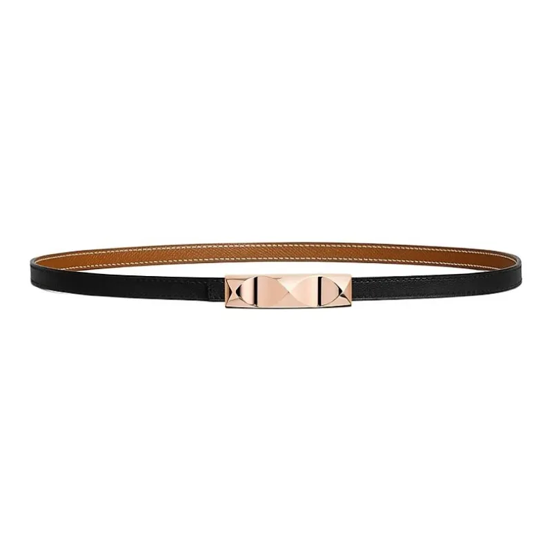 HERMES Metal, Calfskin, Rose Gold Plated Leather Belts Women's Brown Width 1.3cm-1