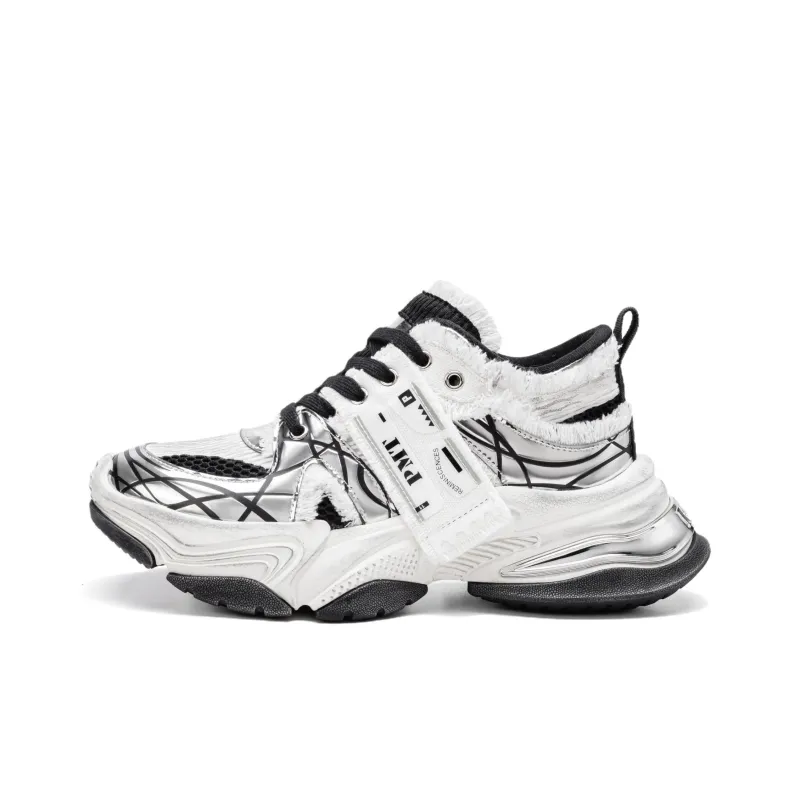 PMT Slip Resistant, Breathable, Lightweight, Height Increasing Low Top Chunky Sneakers Unisex White Black-0