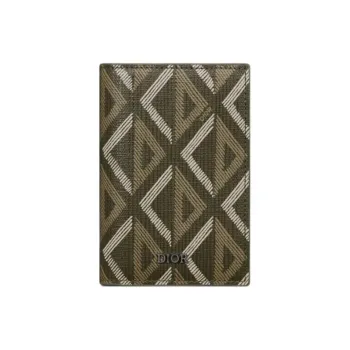 DIOR CD Diamond Canvas With Smooth Calfskin Card Holder Men's Khaki