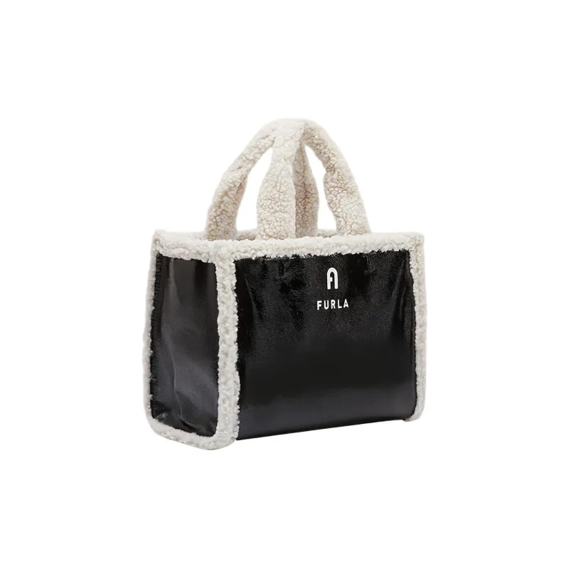 Furla Opportunity Faux Fur Tote Bag Shopping Bag Shoulder Bag Small Size Women's Black White-1
