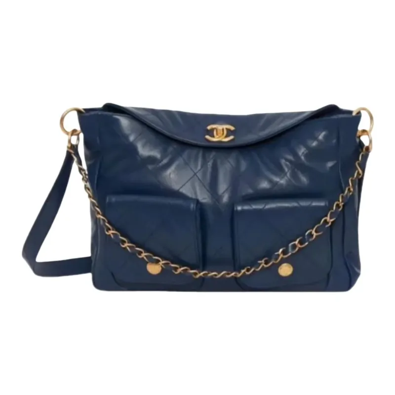 CHANEL Grained Calfskin Hobo Bag, Crossbody Bag, Shoulder Bag Women's Blue-0