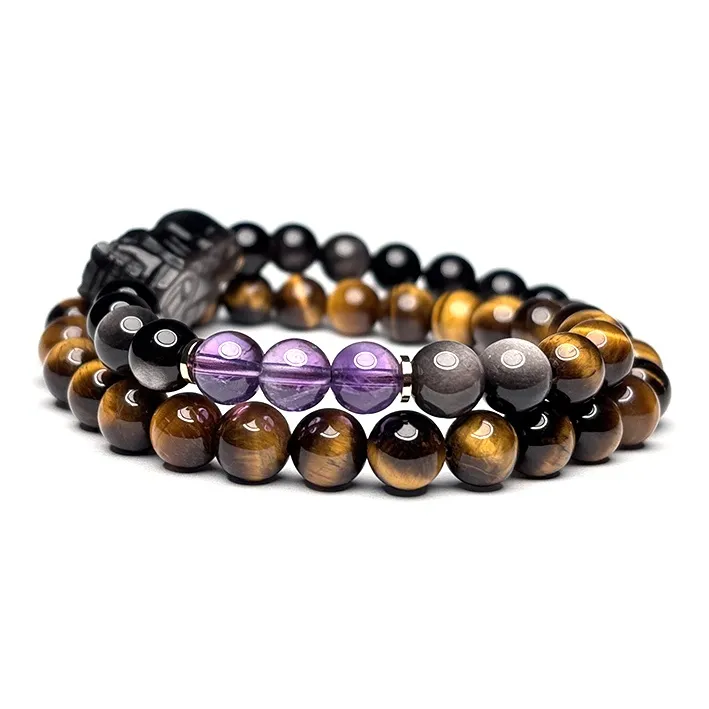 MOUNTAINS AND MANS Natural Obsidian New Chinese Style Stackable Good Luck Beaded Bracelet Men's-1