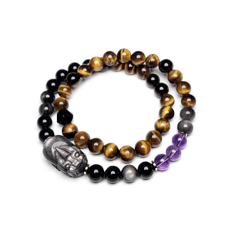 MOUNTAINS AND MANS Natural Obsidian New Chinese Style Stackable Good Luck Beaded Bracelet Men's-3