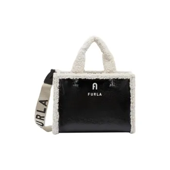 Furla Opportunity Faux Fur Tote Bag Shopping Bag Shoulder Bag Small Size Women's Black White