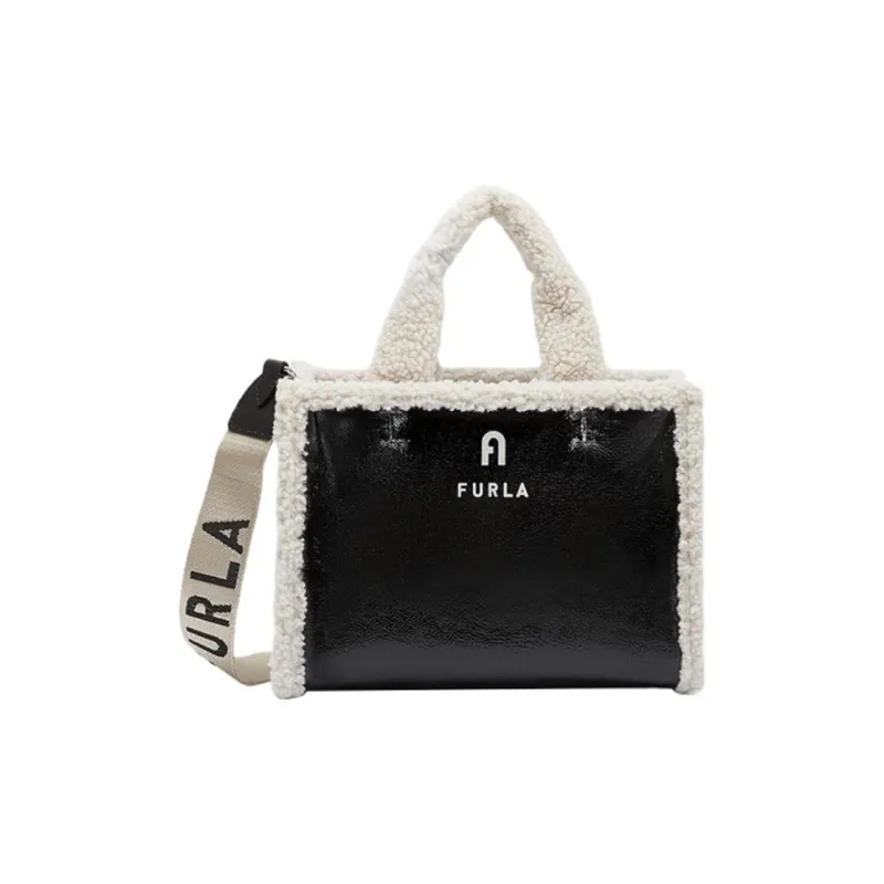 Furla Opportunity Faux Fur Tote Bag Shopping Bag Shoulder Bag Small Size Women's Black White-0