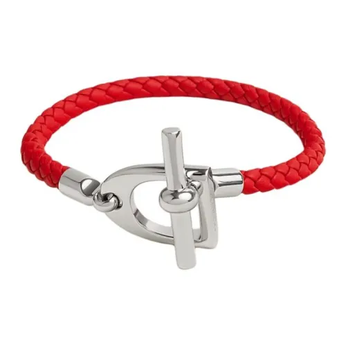 HERMES Calfskin, Metal, Palladium Plated Bracelets Men's Red