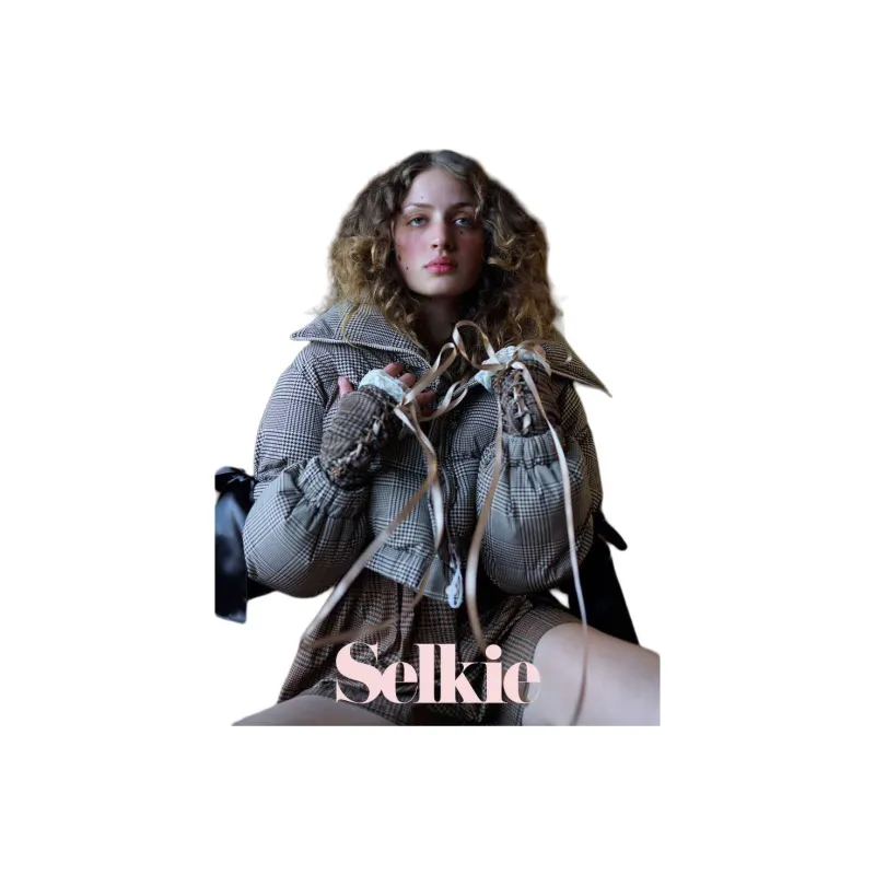 Selkie Collection FW24 Puffer Jacket Women's Brown Base With Houndstooth Plaid Print-1