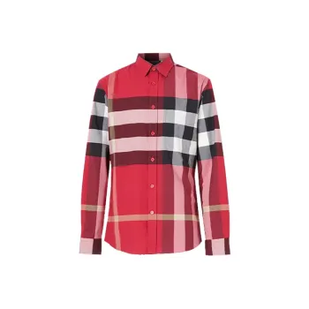 Burberry Men Check Stretch Cotton Poplin Shirt Parade Red
