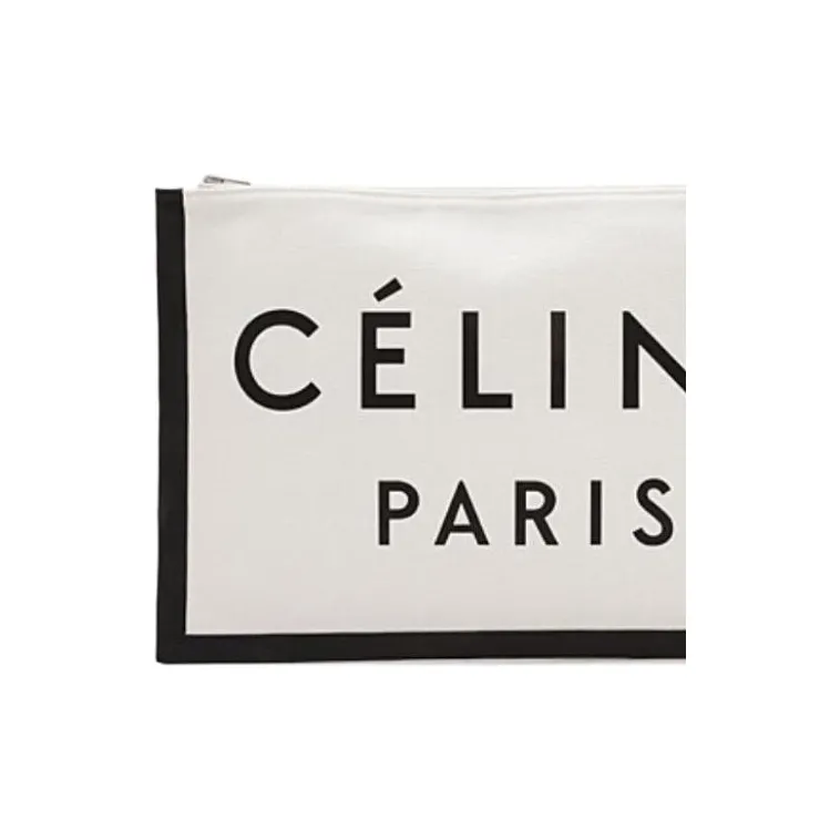 CELINE Fabric With Leather Clutch Women's White & Black-3