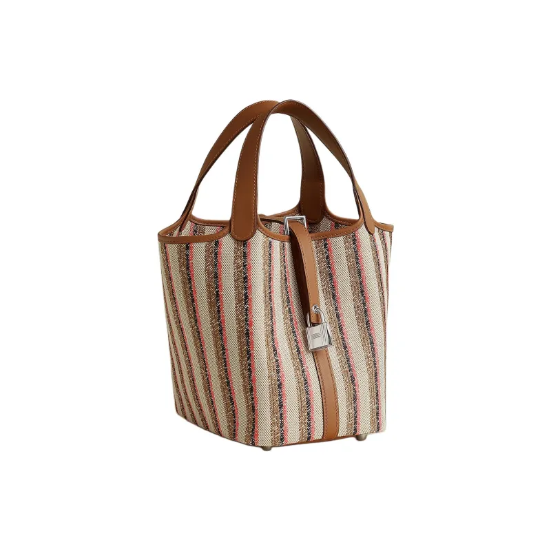 HERMES Picotin Lock Couverture Lignes Embroidery Basket Bag Handbag Women's Beige & Brown-1