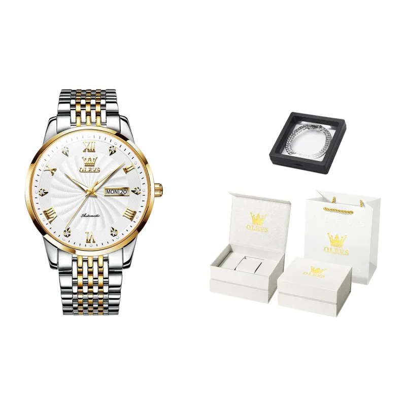 OLEVS Automatic Mechanical Movement Watch Men's Watches White Dial-0