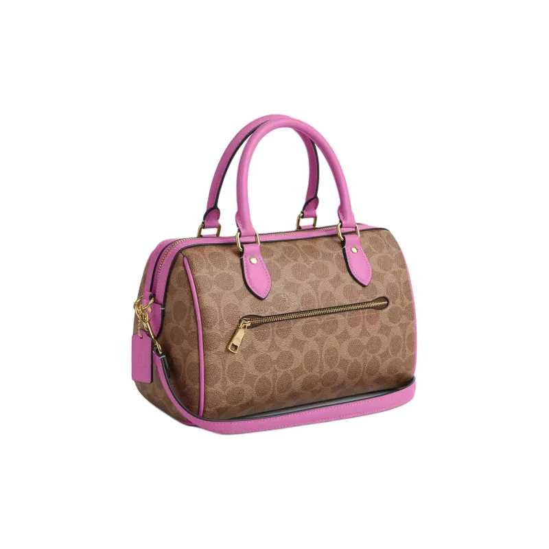 COACH Rowan Signature Coated Canvas Boston Bag, Shoulder Bag, Crossbody Bag, Handbag Medium Size Women's Pink & Brown-1