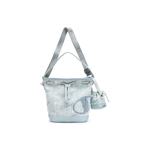 Champion Fabric, Synthetic Leather Shoulder Bag Regular Women's Light Blue Denim/Dark Blue Denim