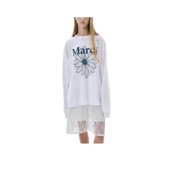 MARDI MERCREDI SS25 UNISEX TSHIRT LONG SLEEVE FLOWERMARDI_WHITE NAVY T Shirt Korean Style Unisex White Marine Blue