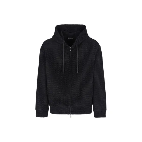 EMPORIO ARMANI Double jersey Hooded Zip up Sweatshirt With All over Flocked Lettering