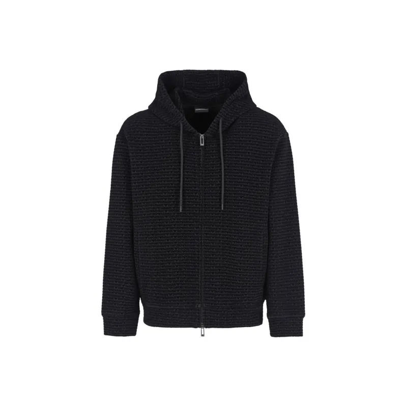EMPORIO ARMANI Double jersey Hooded Zip up Sweatshirt With All over Flocked Lettering-0