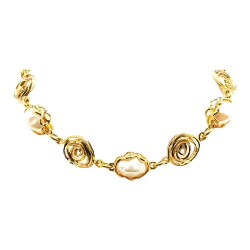 SAINT LAURENT 20th Century Gold Plated Faux Pearl Necklace And Earrings Set Costume Earrings-2
