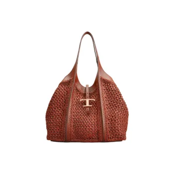 TOD'S T Timeless Raffia With Leather Shoulder Bag Medium Size Women's Orange