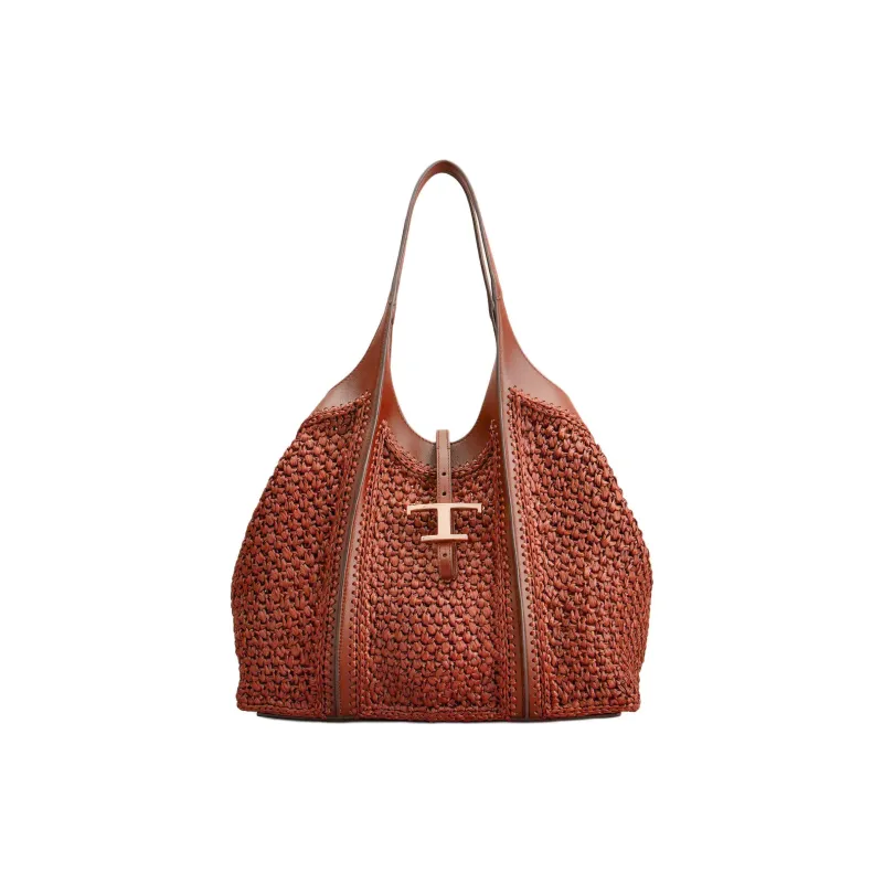 TOD'S T Timeless Raffia With Leather Shoulder Bag Medium Size Women's Orange-0