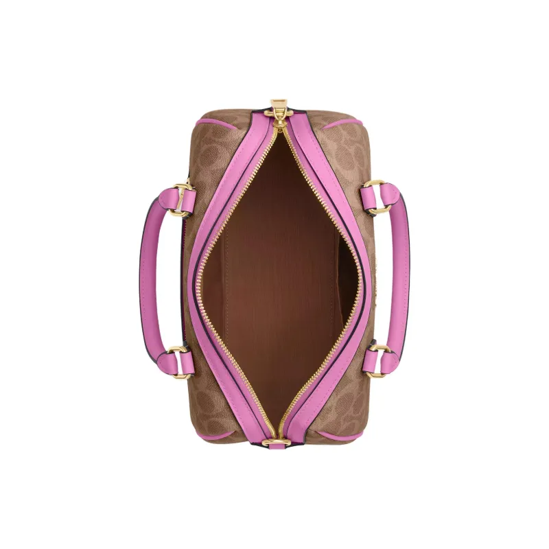 COACH Rowan Signature Coated Canvas Boston Bag, Shoulder Bag, Crossbody Bag, Handbag Medium Size Women's Pink & Brown-2