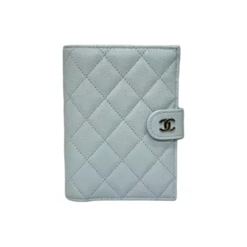 CHANEL Litchi Cow Leather Passport Holder Women's Blue