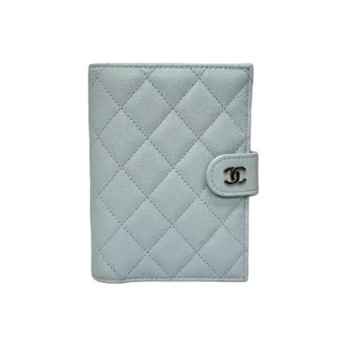 CHANEL Litchi Cow Leather Passport Holder Women's Blue