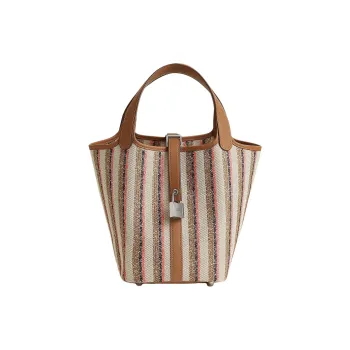 HERMES Picotin Lock Couverture Lignes Embroidery Basket Bag Handbag Women's Beige & Brown