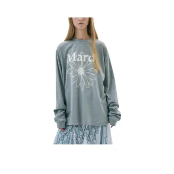 MARDI MERCREDI SS25 UNISEX TSHIRT LONG SLEEVE FLOWERMARDI_GREY IVORY T Shirt Korean Style Unisex Gray Ivory White