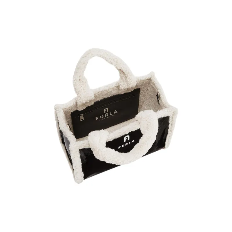 Furla Opportunity Faux Fur Tote Bag Shopping Bag Shoulder Bag Small Size Women's Black White-3